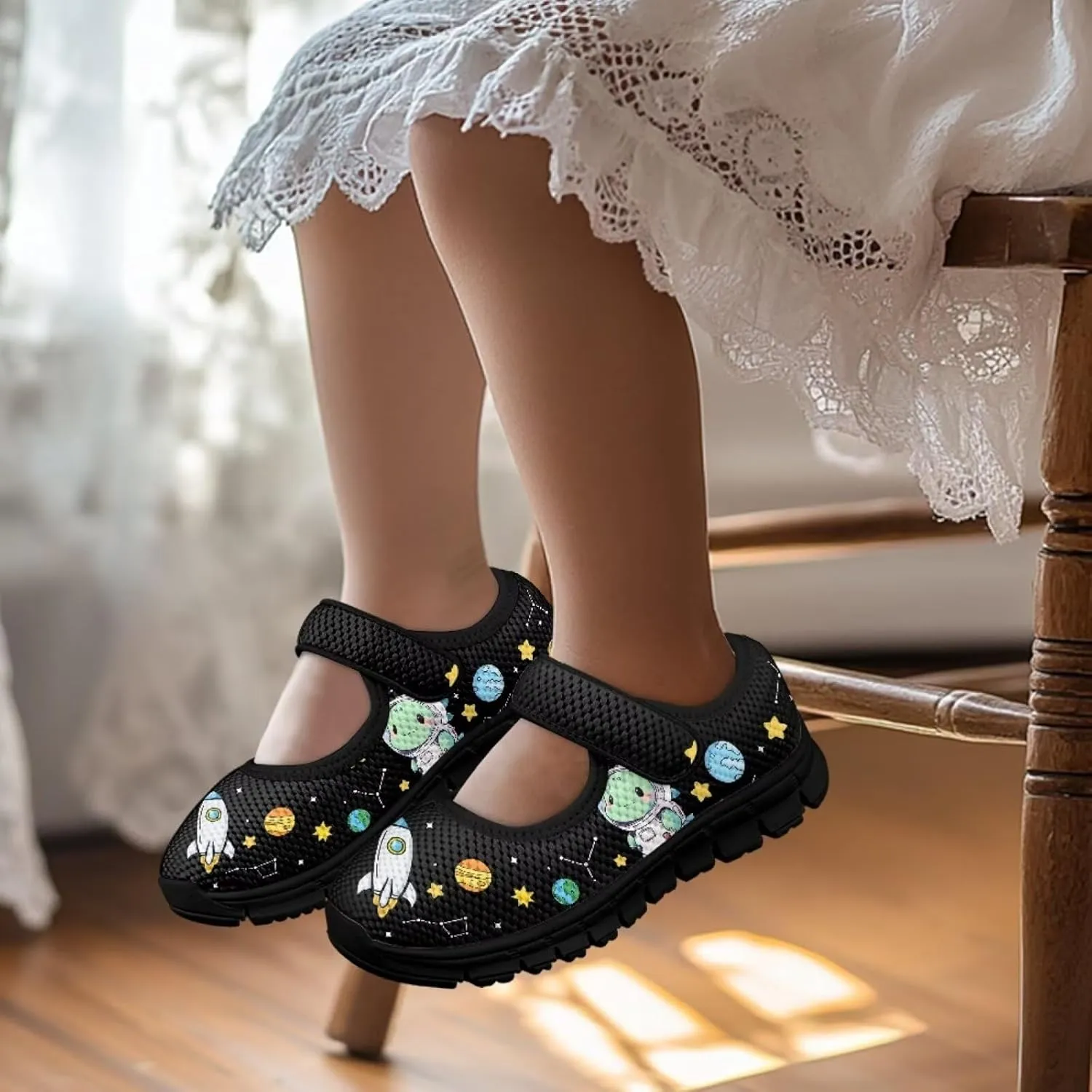 Black Series Print Mary Jane Sneakers for Girls Anti-Slip Planet Mesh Sneaker School Shoes Cozy Dress Shoes for Party,Wedding,Traveling