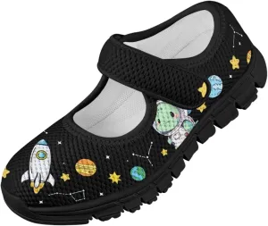 Black Series Print Mary Jane Sneakers for Girls Anti-Slip Planet Mesh Sneaker School Shoes Cozy Dress Shoes for Party,Wedding,Traveling