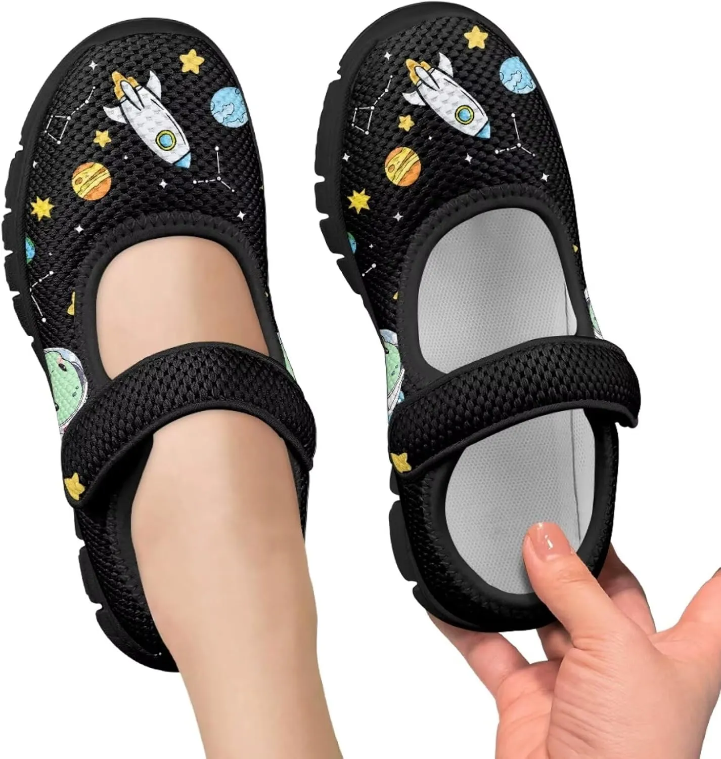 Black Series Print Mary Jane Sneakers for Girls Anti-Slip Planet Mesh Sneaker School Shoes Cozy Dress Shoes for Party,Wedding,Traveling