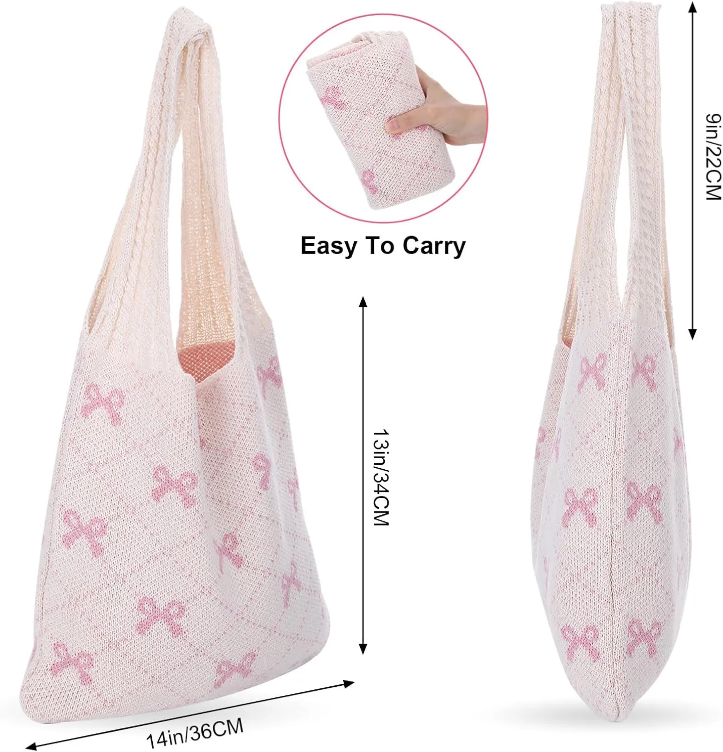 Bow Tote Bag,Crochet Tote Bag for Women Girl,Aesthetic Mesh Knitted Travel Beach Shoulder Handbags for Spring Summer