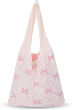 Bow Tote Bag,Crochet Tote Bag for Women Girl,Aesthetic Mesh Knitted Travel Beach Shoulder Handbags for Spring Summer