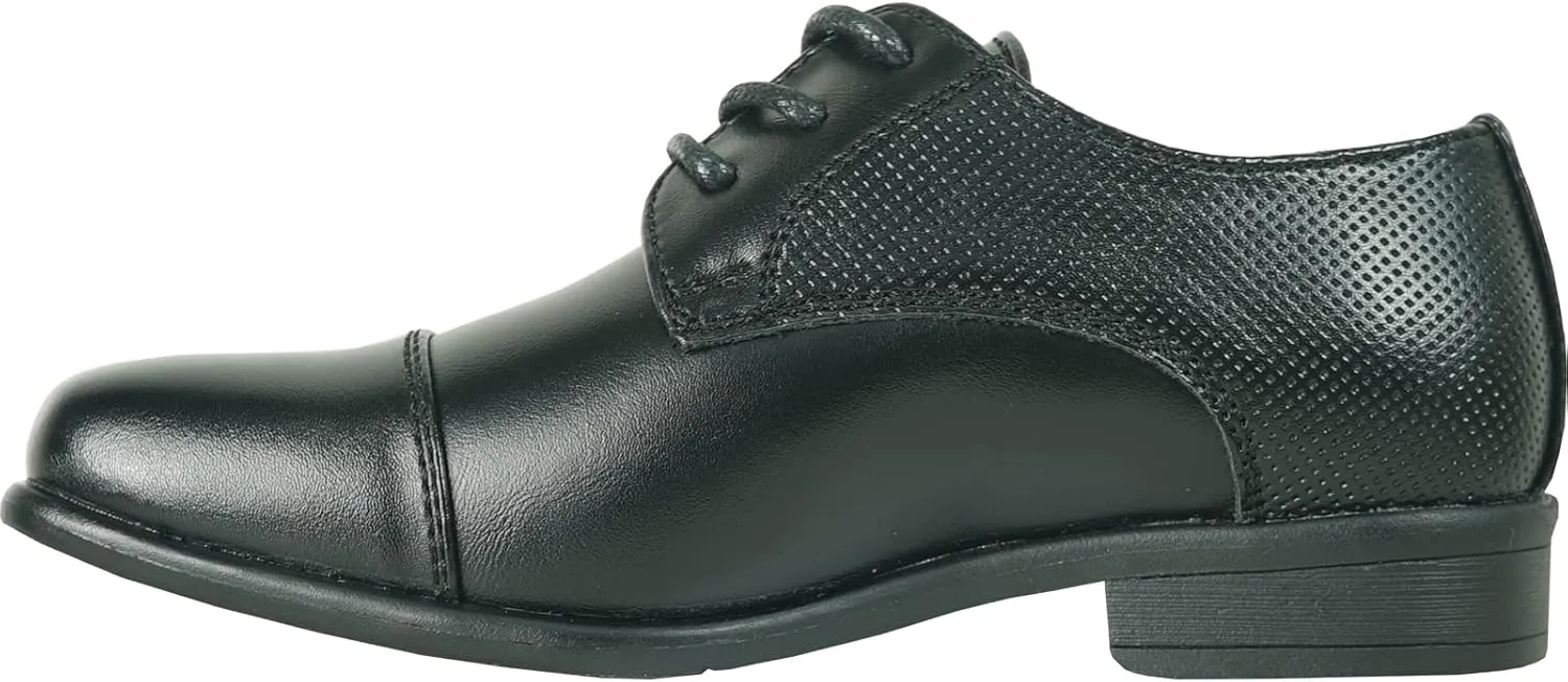 bravo! Boy Dress Shoe King Lace-up Oxford Plain Toe or Cap Toe Leather Sock for School Uniform Formal Event Size from Toddler to Youth Black Brown Cognac