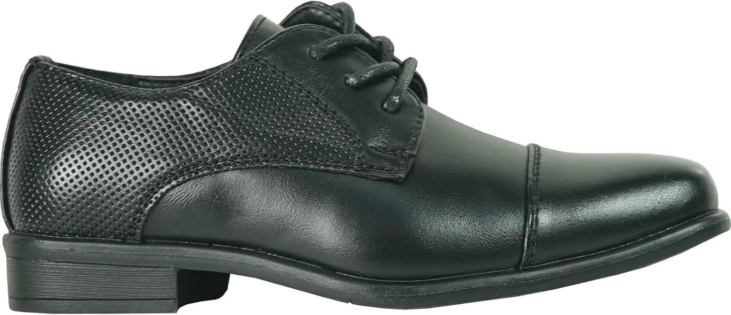 bravo! Boy Dress Shoe King Lace-up Oxford Plain Toe or Cap Toe Leather Sock for School Uniform Formal Event Size from Toddler to Youth Black Brown Cognac