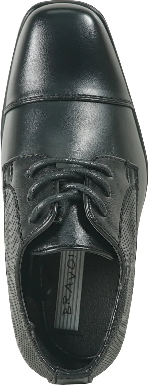 bravo! Boy Dress Shoe King Lace-up Oxford Plain Toe or Cap Toe Leather Sock for School Uniform Formal Event Size from Toddler to Youth Black Brown Cognac