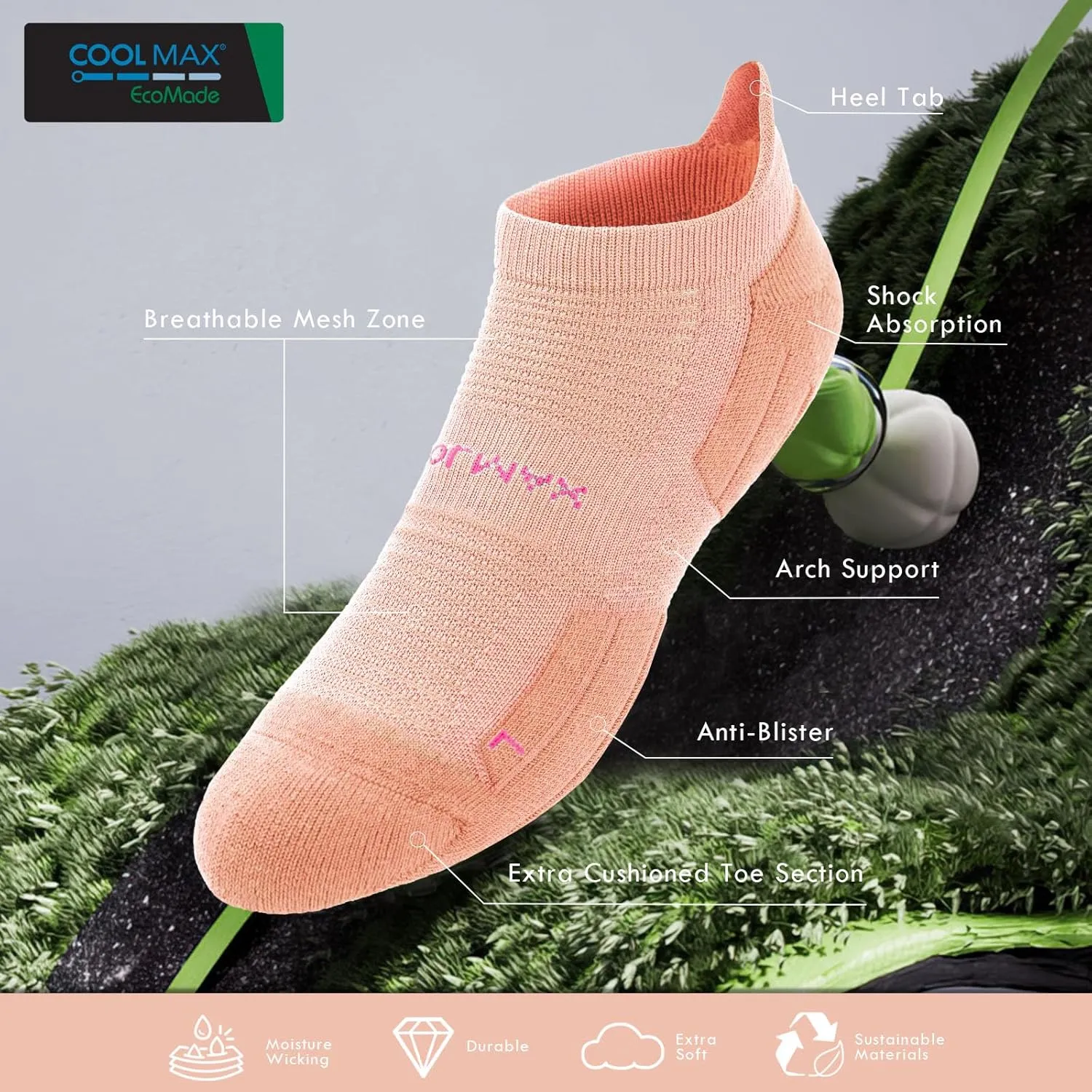 BRISIRA Coolmax Bamboo Viscose Compression Running Socks 3 Pairs Ankle Low Cut Athletic Anti Blister Cushioned Seamless