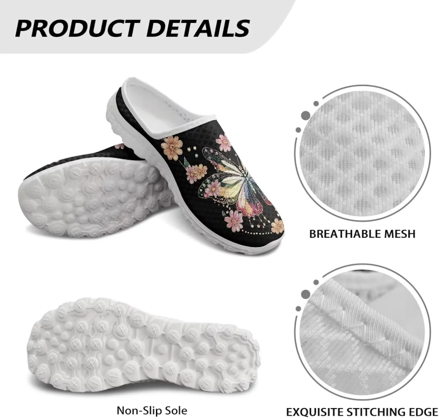 Butterfly Mule Tennis Shoes for Women Round Toe Classic Garden Clogs Lightweight Travel Shoes with EVA Sole