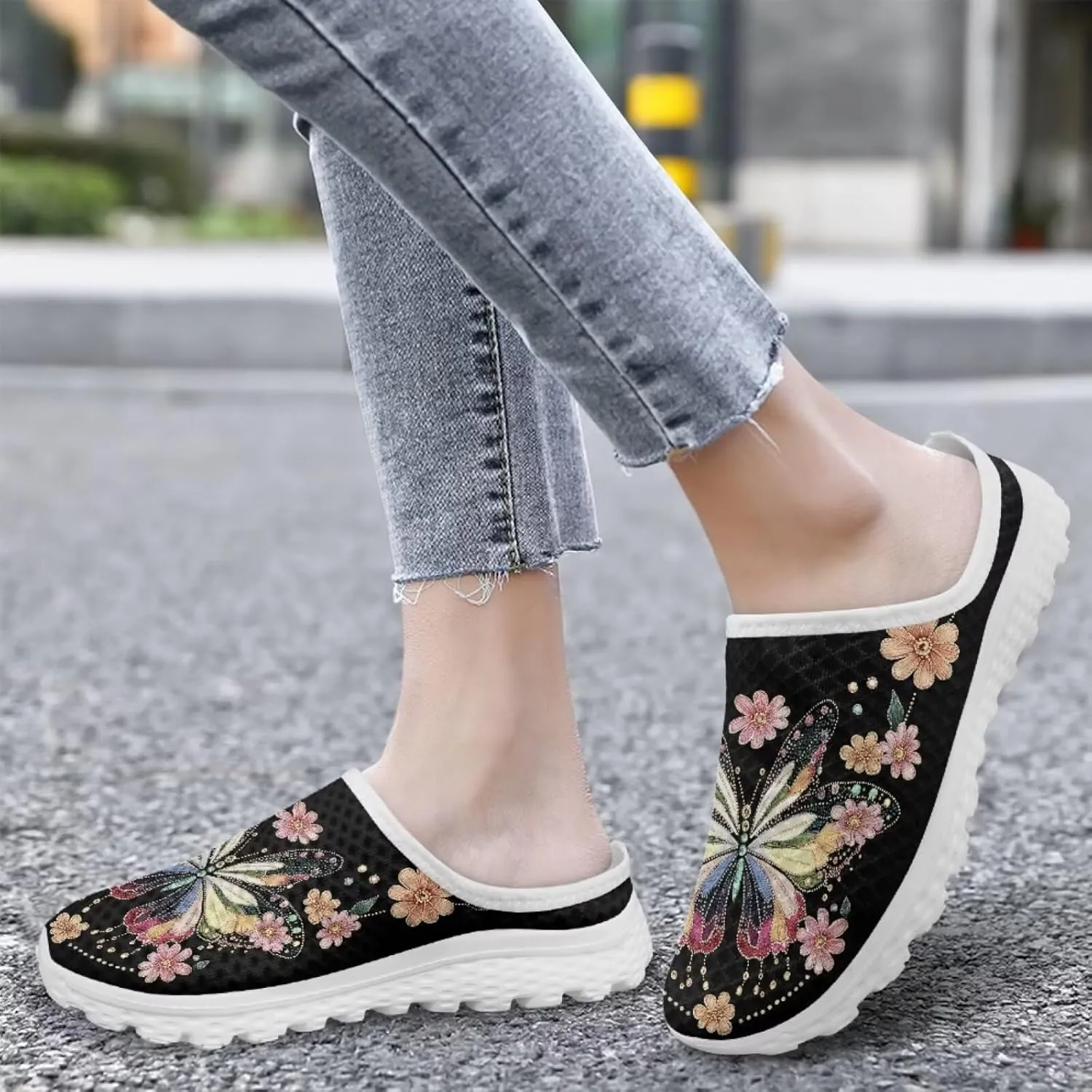 Butterfly Mule Tennis Shoes for Women Round Toe Classic Garden Clogs Lightweight Travel Shoes with EVA Sole