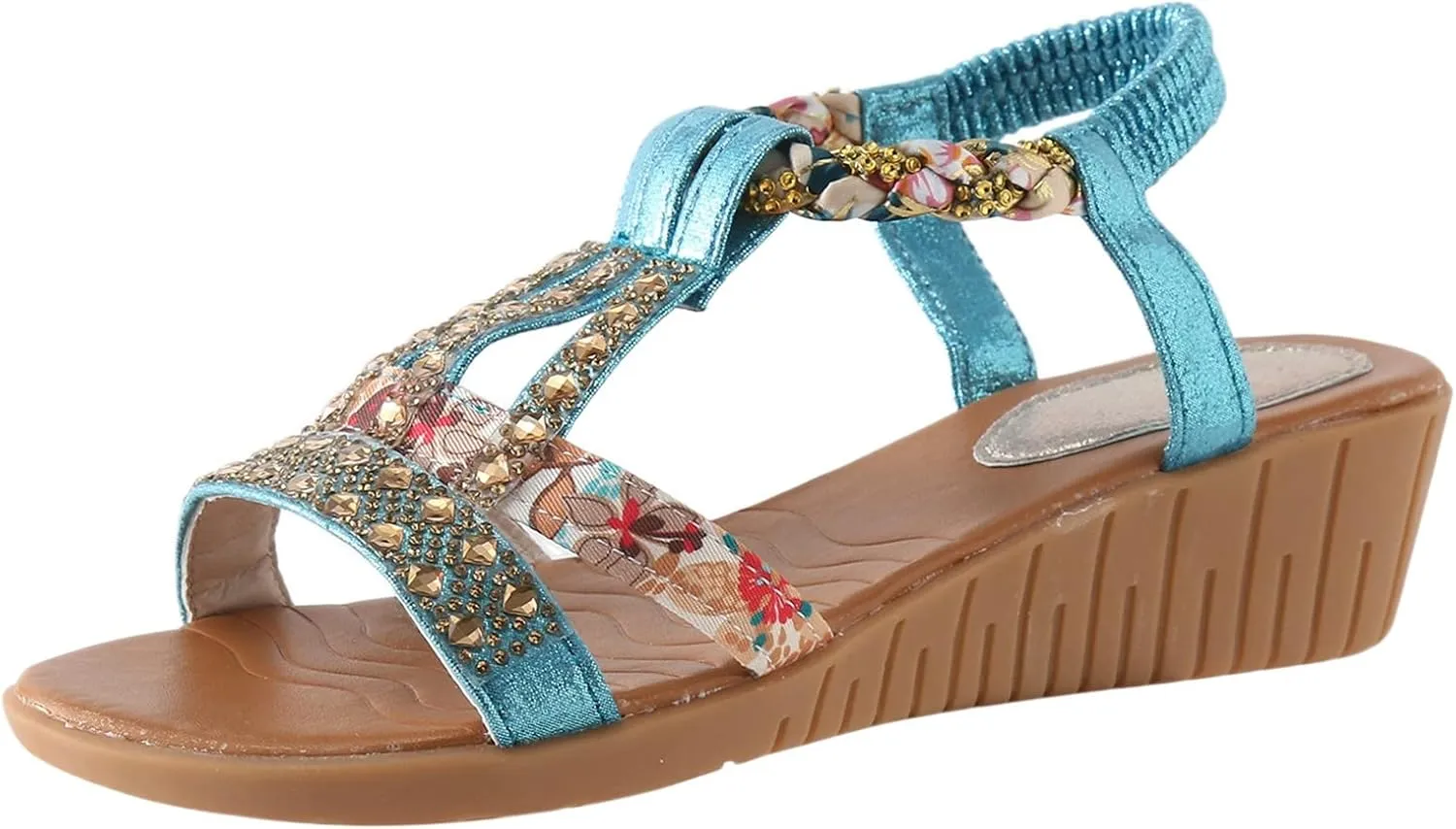 Casual Bohemian Beach Sandals Orthopedic Wedge Sandals for Women Ankle Strap Flip Flops Open Toe Jeweled Flat Sandals