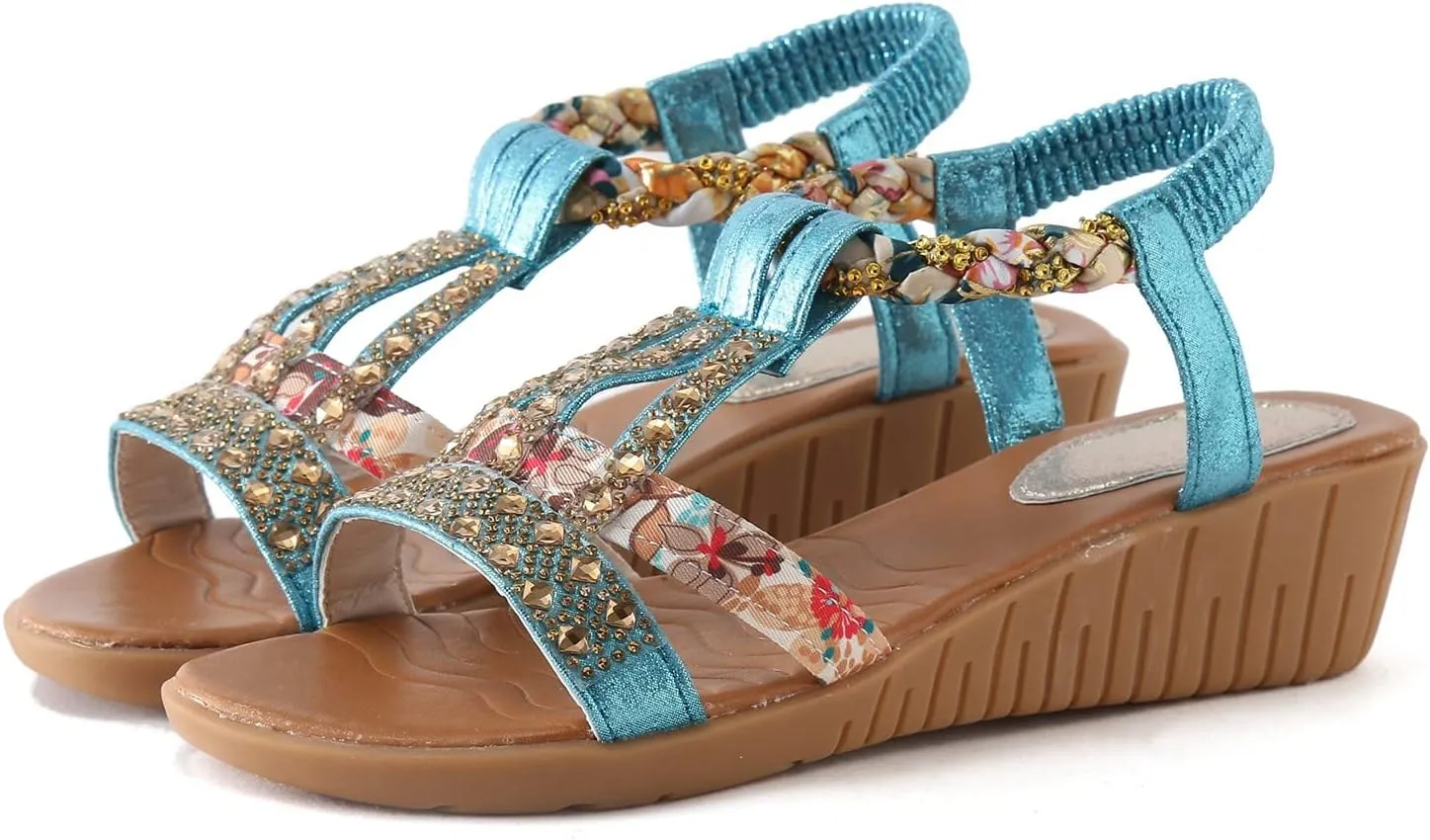 Casual Bohemian Beach Sandals Orthopedic Wedge Sandals for Women Ankle Strap Flip Flops Open Toe Jeweled Flat Sandals