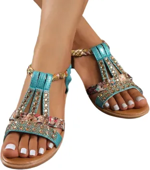 Casual Bohemian Beach Sandals Orthopedic Wedge Sandals for Women Ankle Strap Flip Flops Open Toe Jeweled Flat Sandals