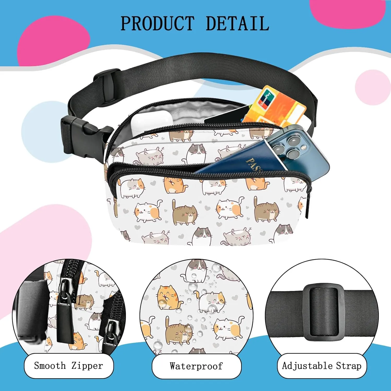Cat Fanny Pack Women Belt Bag Fashion Waist Pack Easy for Store with Adjustable Strap Traveling Hiking Running Walking