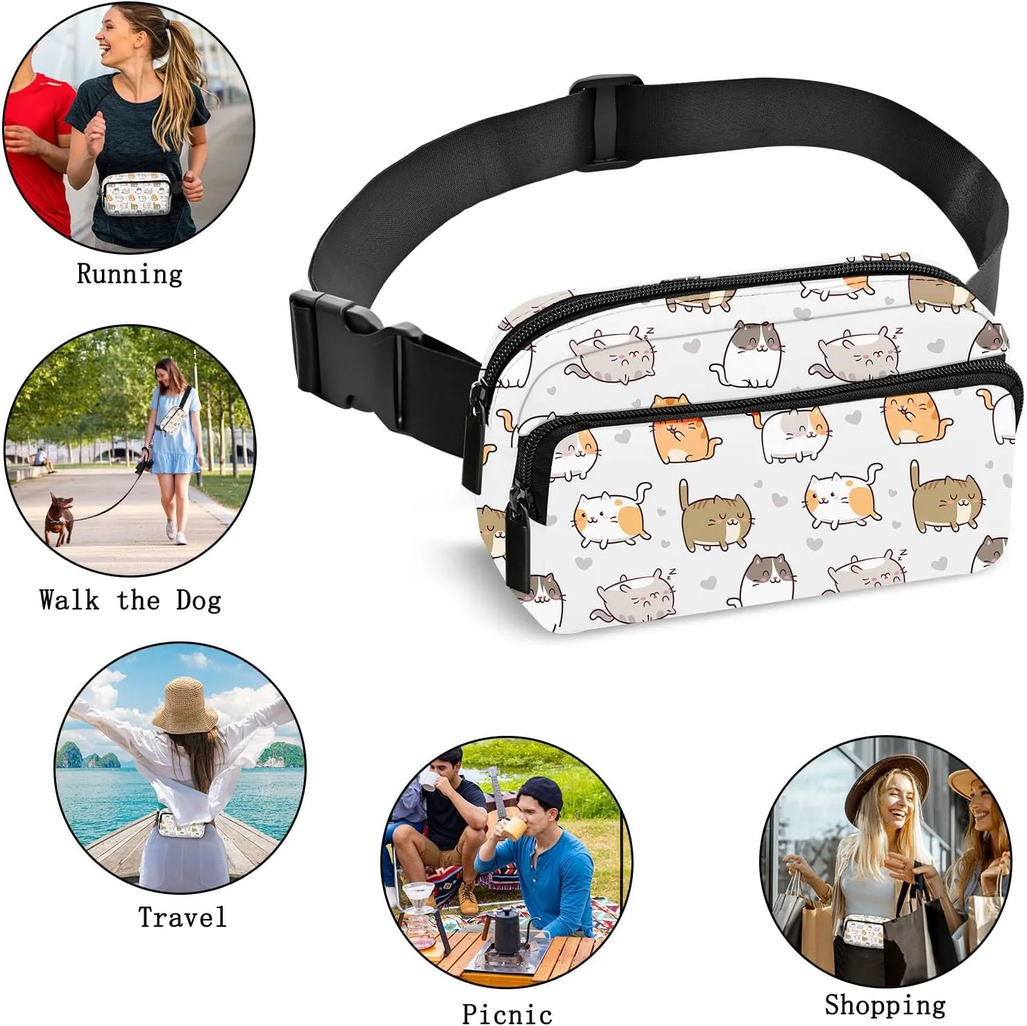 Cat Fanny Pack Women Belt Bag Fashion Waist Pack Easy for Store with Adjustable Strap Traveling Hiking Running Walking