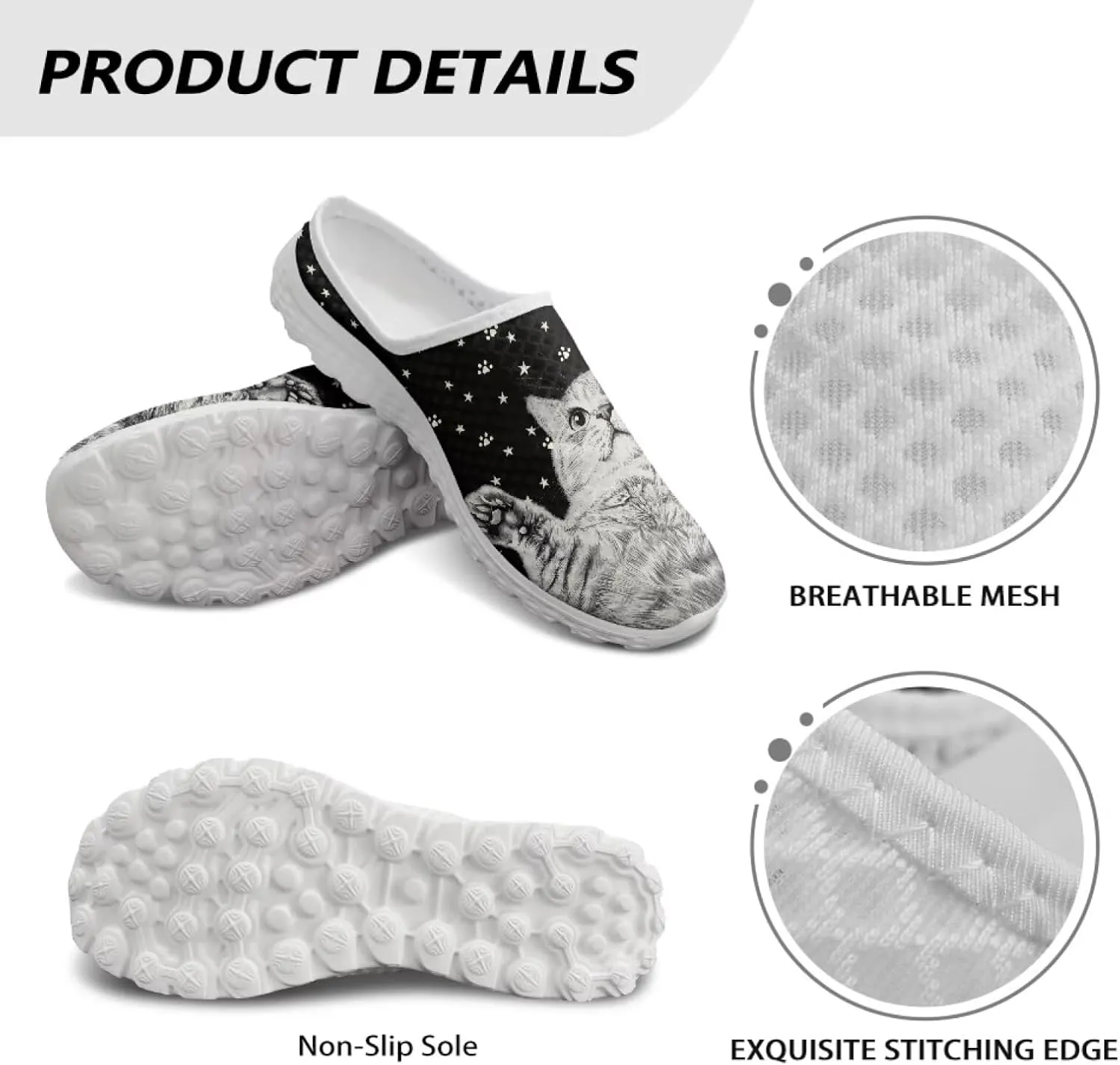 Cat Print Mule Shoes for Women Low Top Non Slip Garden Shoes Low Top Sneaker Breathable Casual Flats Mule Sneakers