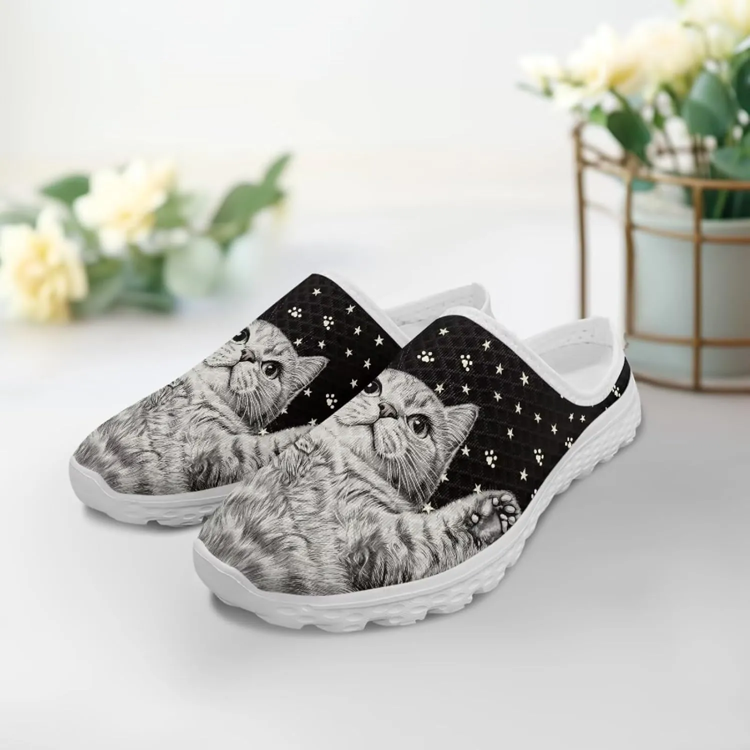 Cat Print Mule Shoes for Women Low Top Non Slip Garden Shoes Low Top Sneaker Breathable Casual Flats Mule Sneakers