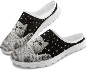 Cat Print Mule Shoes for Women Low Top Non Slip Garden Shoes Low Top Sneaker Breathable Casual Flats Mule Sneakers