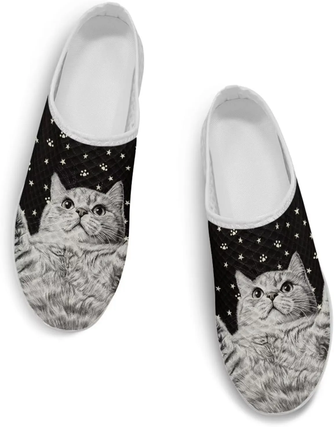 Cat Print Mule Shoes for Women Low Top Non Slip Garden Shoes Low Top Sneaker Breathable Casual Flats Mule Sneakers