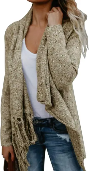 CEASIKERY Women's Tassel Hem Sweater Long Cardigan Knitwer Pullover Poncho Coat