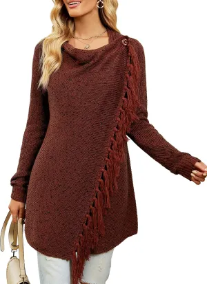 CEASIKERY Women's Tassel Hem Sweater Long Cardigan Knitwer Pullover Poncho Coat