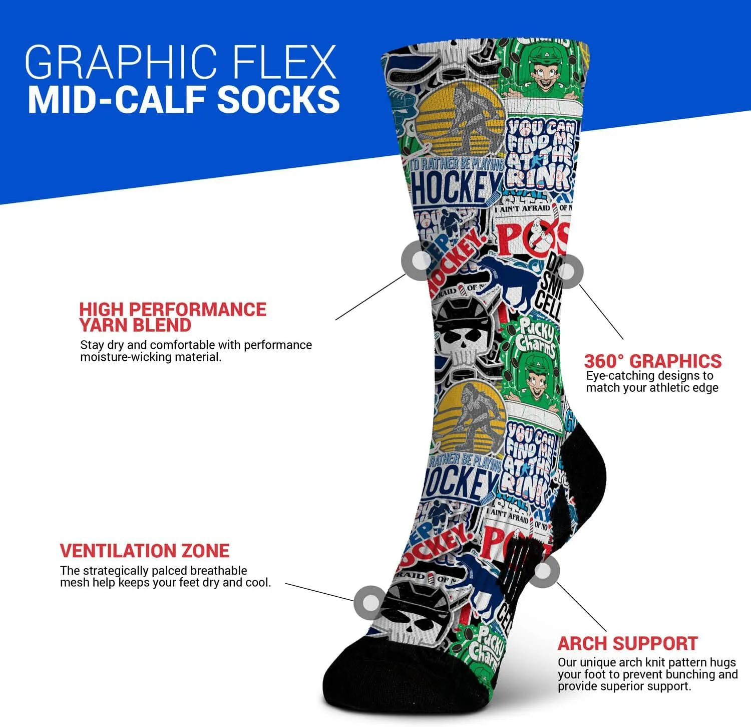 ChalkTalkSPORTS Hockey Performance Mid-Calf Socks - Ice Life - Graphic Flex Hockey Socks - Youth and Adult