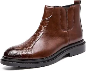 Chelsea Boots For Men Crocodile Print Side Zip PU Wearable Anti-slip Waterproof Non Slip On Work Classic (Color : Brown, Size : 8.5)
