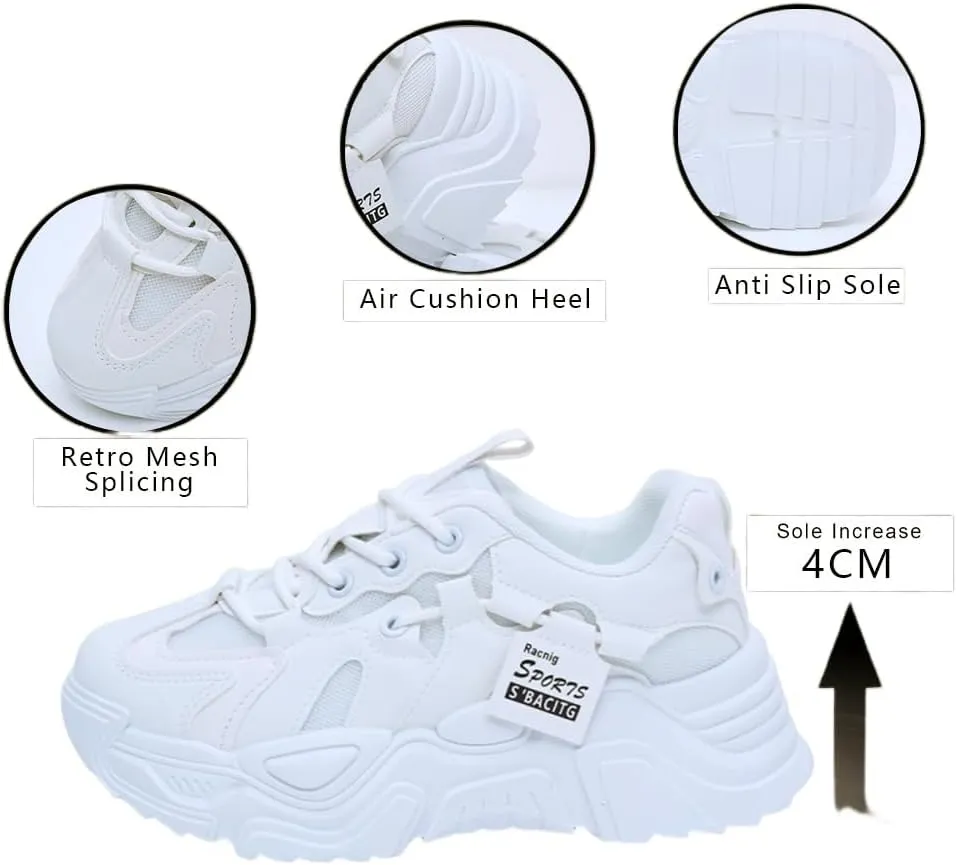 Chunky Sneakers for Women,Anti Slip Fashionable Retro Height Increasing Lace up Shoes,Breathable Verastile Casual Style