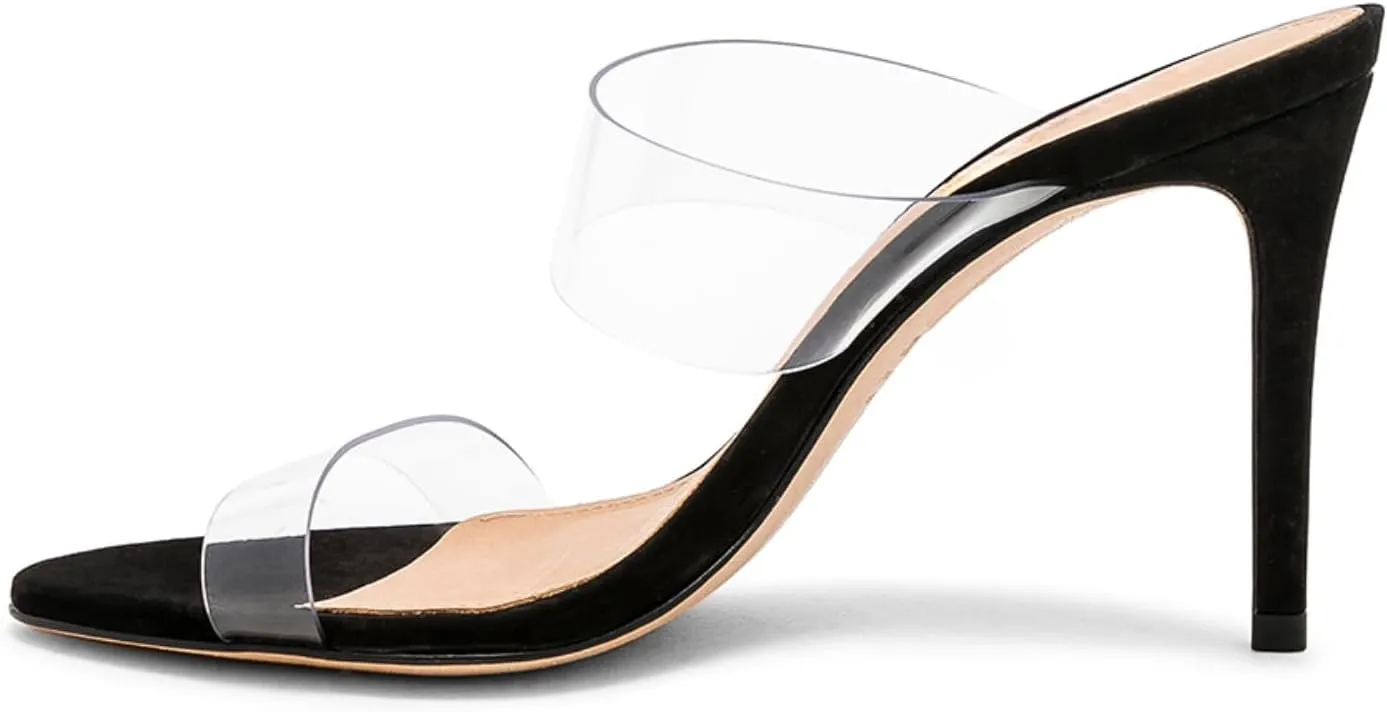 Clear Heels Mule Sandals for Women Open Toe Stiletto Transparent Strap Heels Shoes