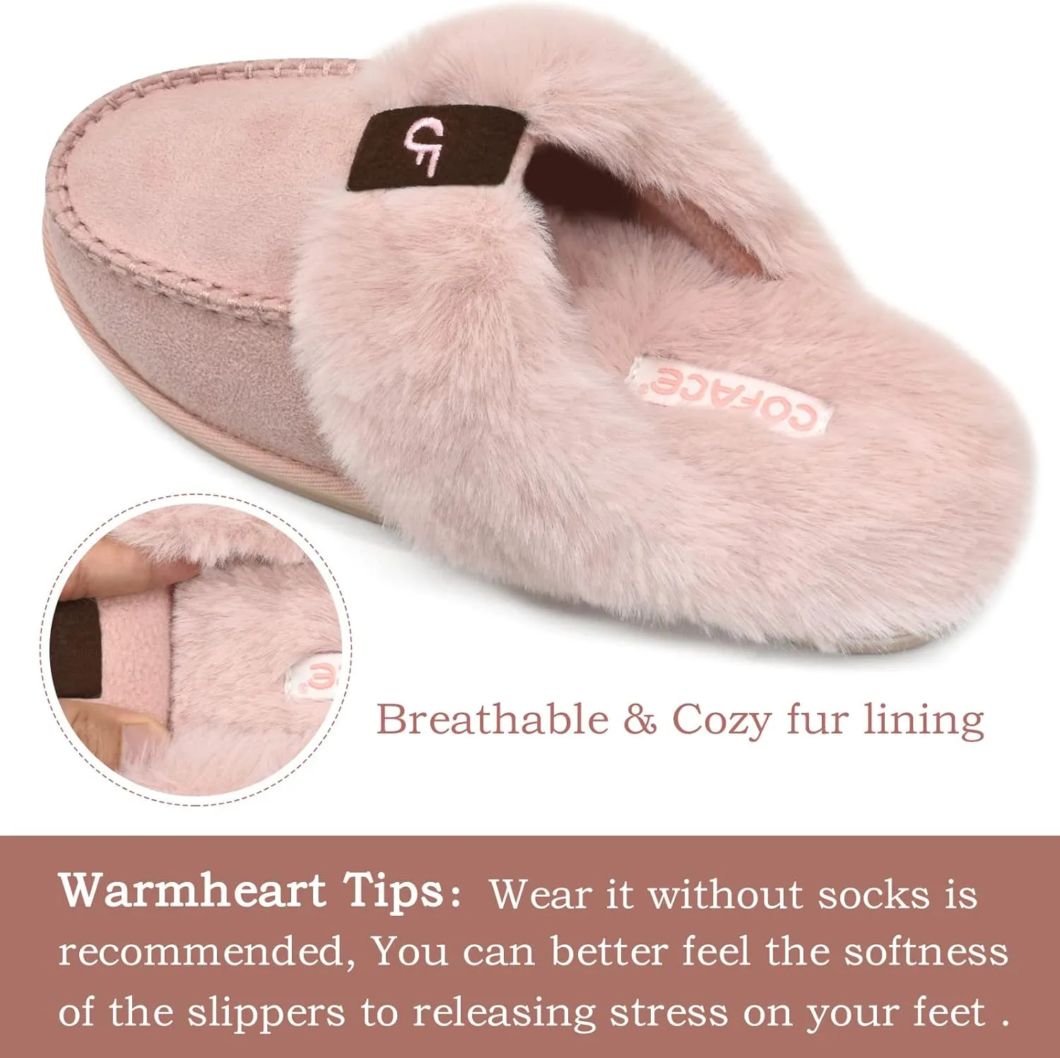 Coface Women's Fluffy Slippers with Cozy Memory Foam, Warm Plush Fur Lined, Arch Support, Indoor/Outdoor