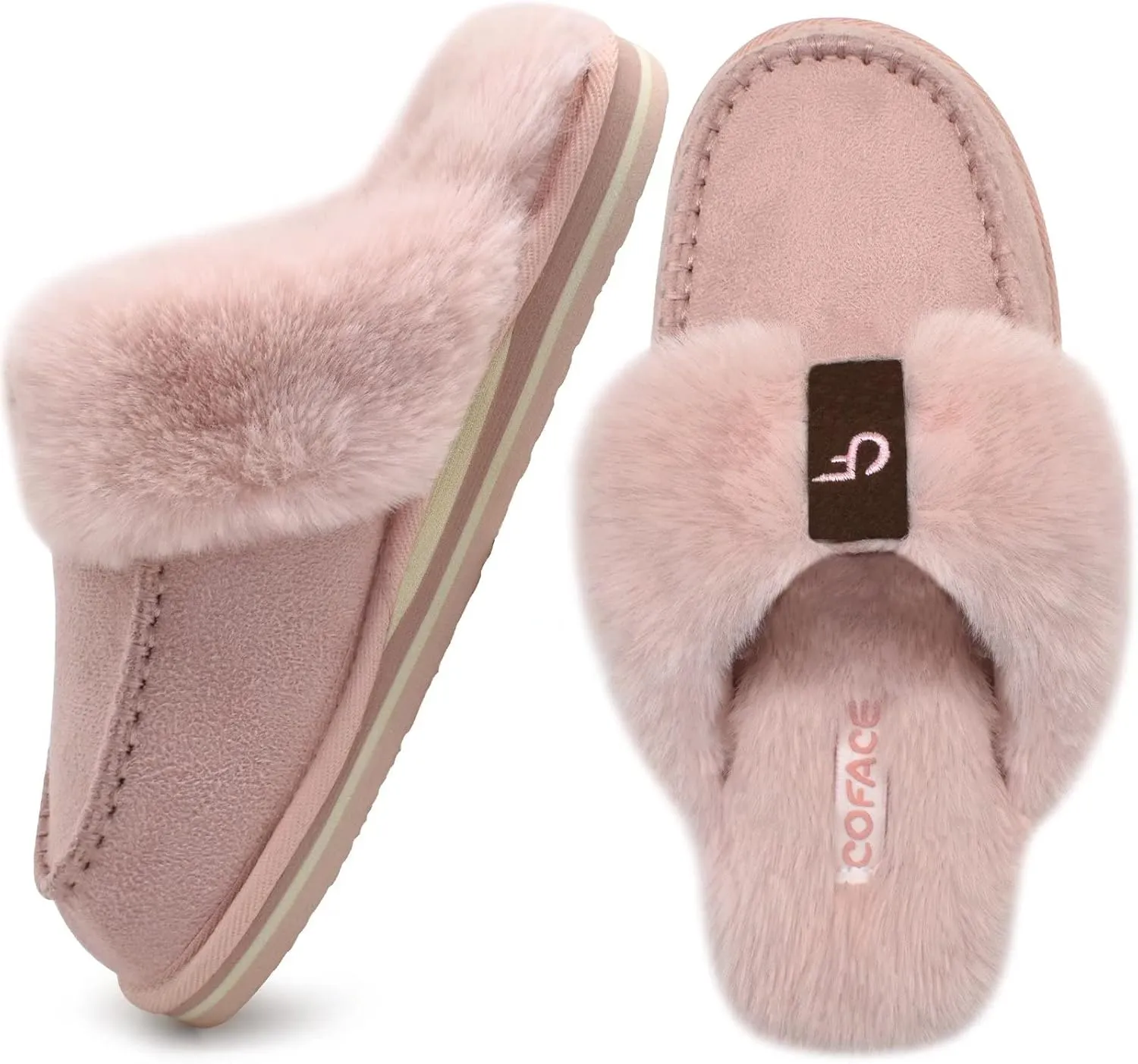 Coface Women's Fluffy Slippers with Cozy Memory Foam, Warm Plush Fur Lined, Arch Support, Indoor/Outdoor