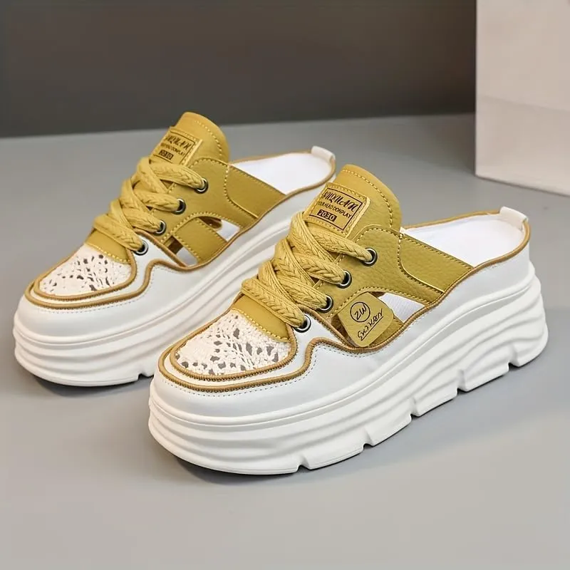 Comfortable Breathable Women's Mule Sneakers, Casual Cutout Design Lace Up Summer Shoes