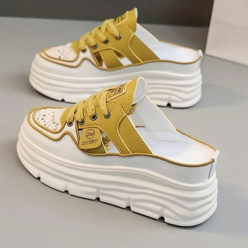 Comfortable Breathable Women's Mule Sneakers, Casual Cutout Design Lace Up Summer Shoes