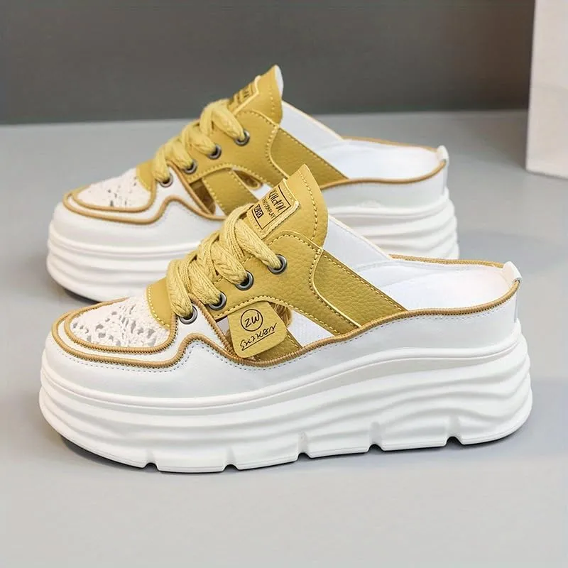 Comfortable Breathable Women's Mule Sneakers, Casual Cutout Design Lace Up Summer Shoes