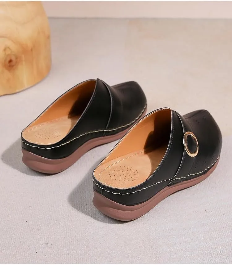 Comfortable Walking Wedge Clogs for Women Slip on Mules with Buckle Closed Toe Sandals, Summer Casual Shoes (Black,7.5-8)