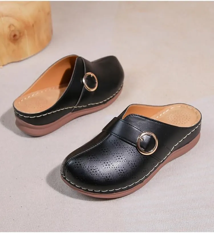 Comfortable Walking Wedge Clogs for Women Slip on Mules with Buckle Closed Toe Sandals, Summer Casual Shoes (Black,7.5-8)