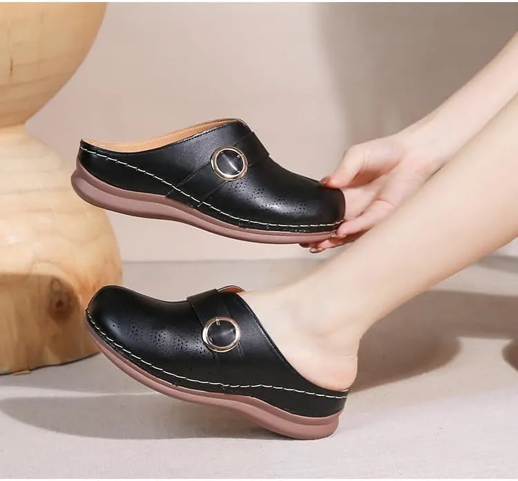Comfortable Walking Wedge Clogs for Women Slip on Mules with Buckle Closed Toe Sandals, Summer Casual Shoes (Black,7.5-8)