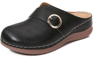 Comfortable Walking Wedge Clogs for Women Slip on Mules with Buckle Closed Toe Sandals, Summer Casual Shoes (Black,7.5-8)