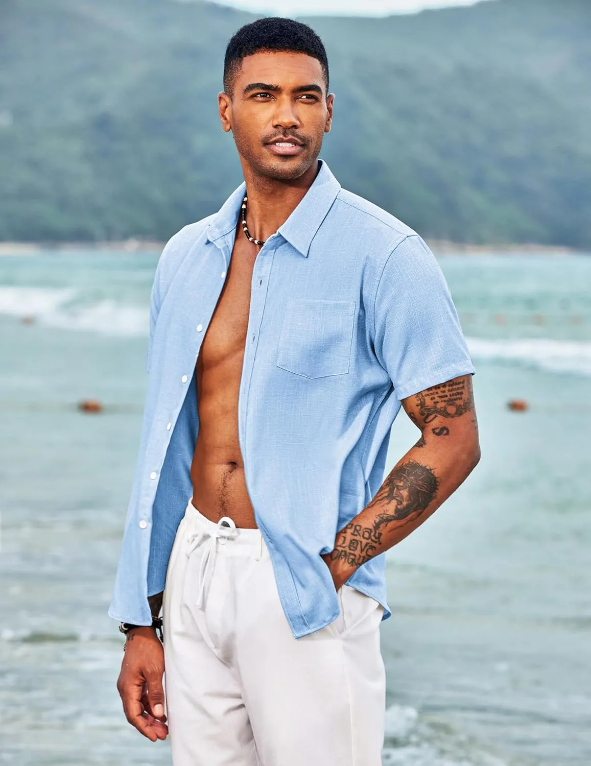 COOFANDY Men's Casual Button Down Shirts Short Sleeve Linen Shirts Summer Beach Dress Shirt