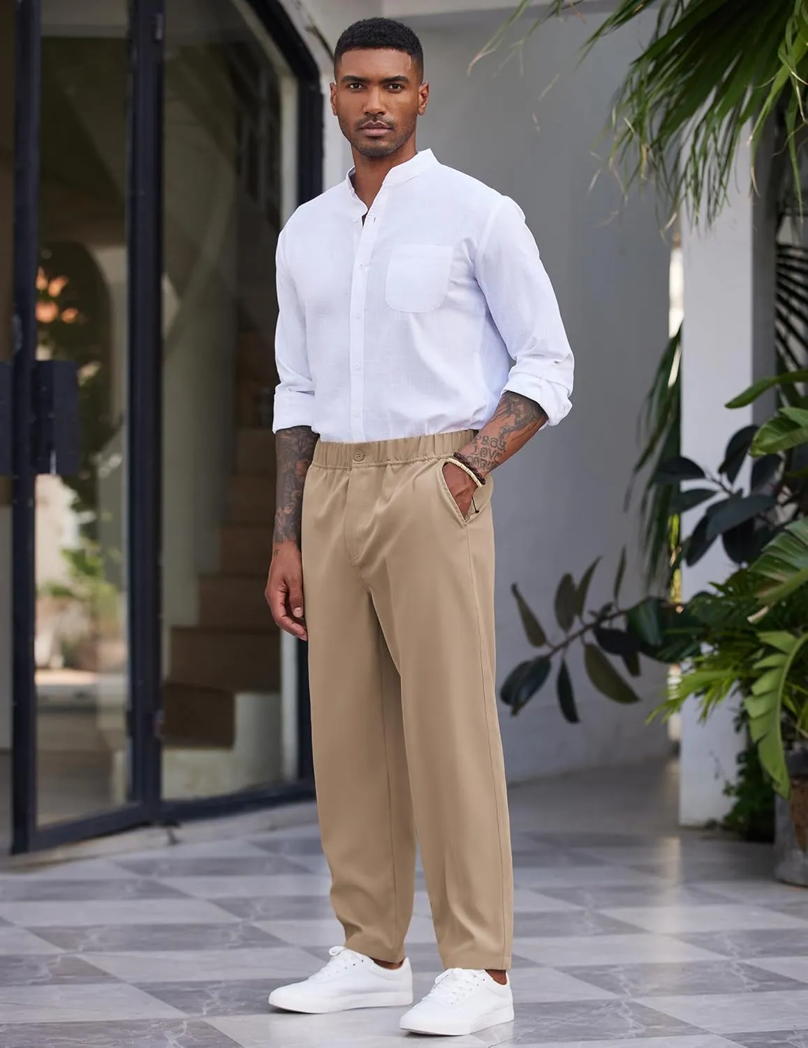 COOFANDY Men's Casual Pants Relaxed Fit Flat Front Expandable Waist Chino Slack Trousers