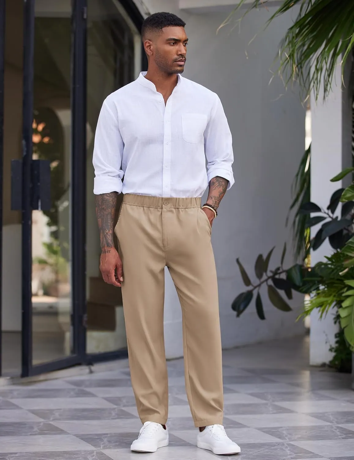 COOFANDY Men's Casual Pants Relaxed Fit Flat Front Expandable Waist Chino Slack Trousers