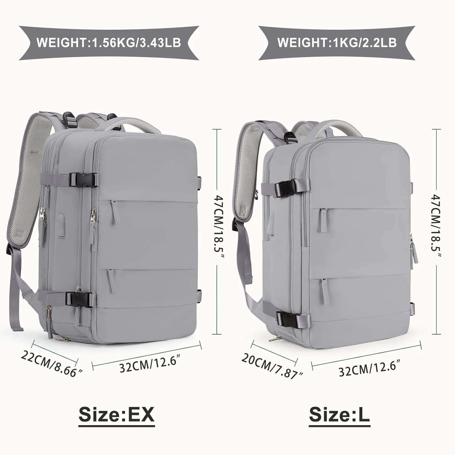 coowoz Large Travel Backpack For Women Men, Carry On Backpack,Hiking Backpack Waterproof Outdoor Sports Rucksack Casual Daypack Expandable Heavy Duty Extra large Backpack Grey Expansion