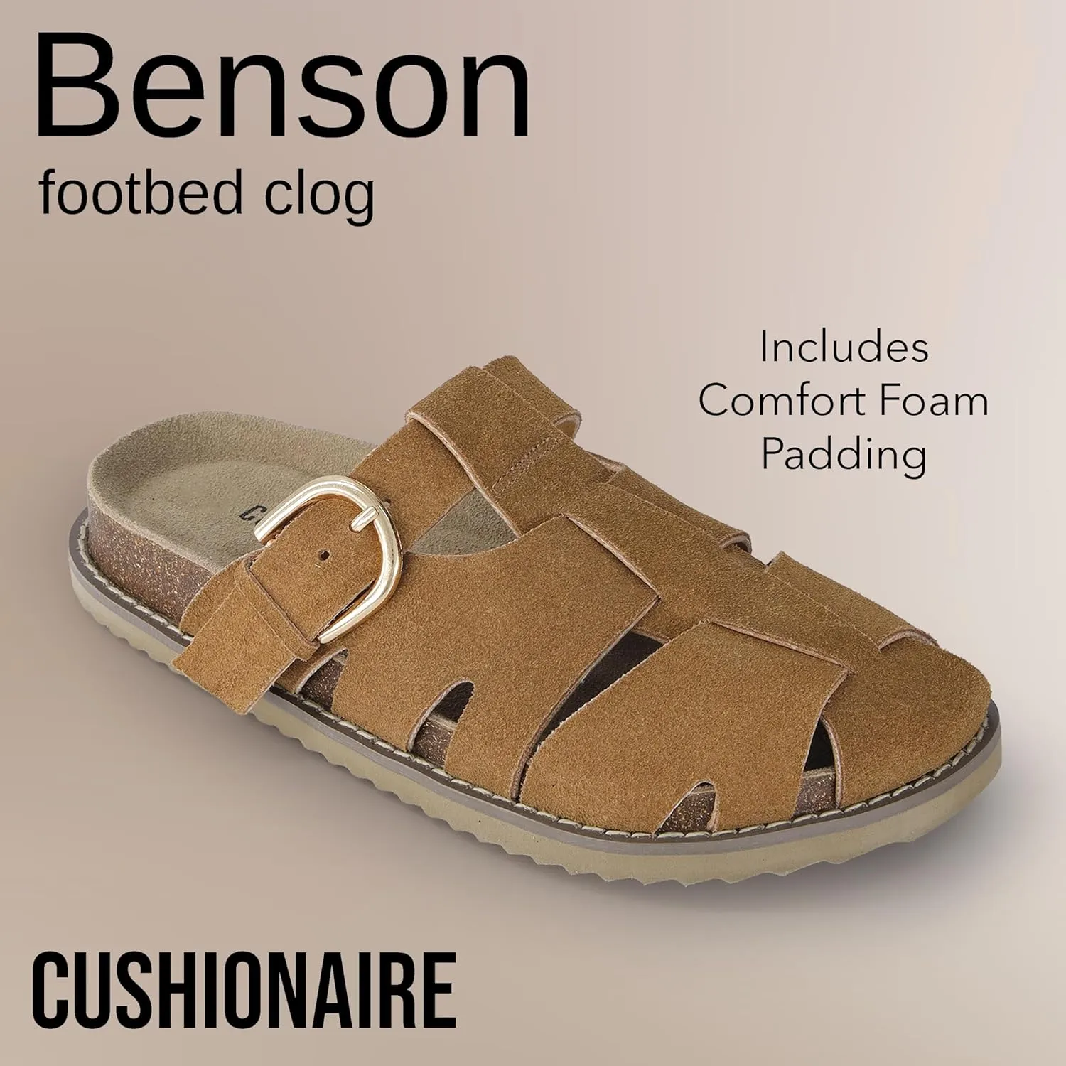 CUSHIONAIRE Benson Women’s Fisherman Clog – Suede Slip-On Sandal with Adjustable Buckle & Contoured Cork Footbed