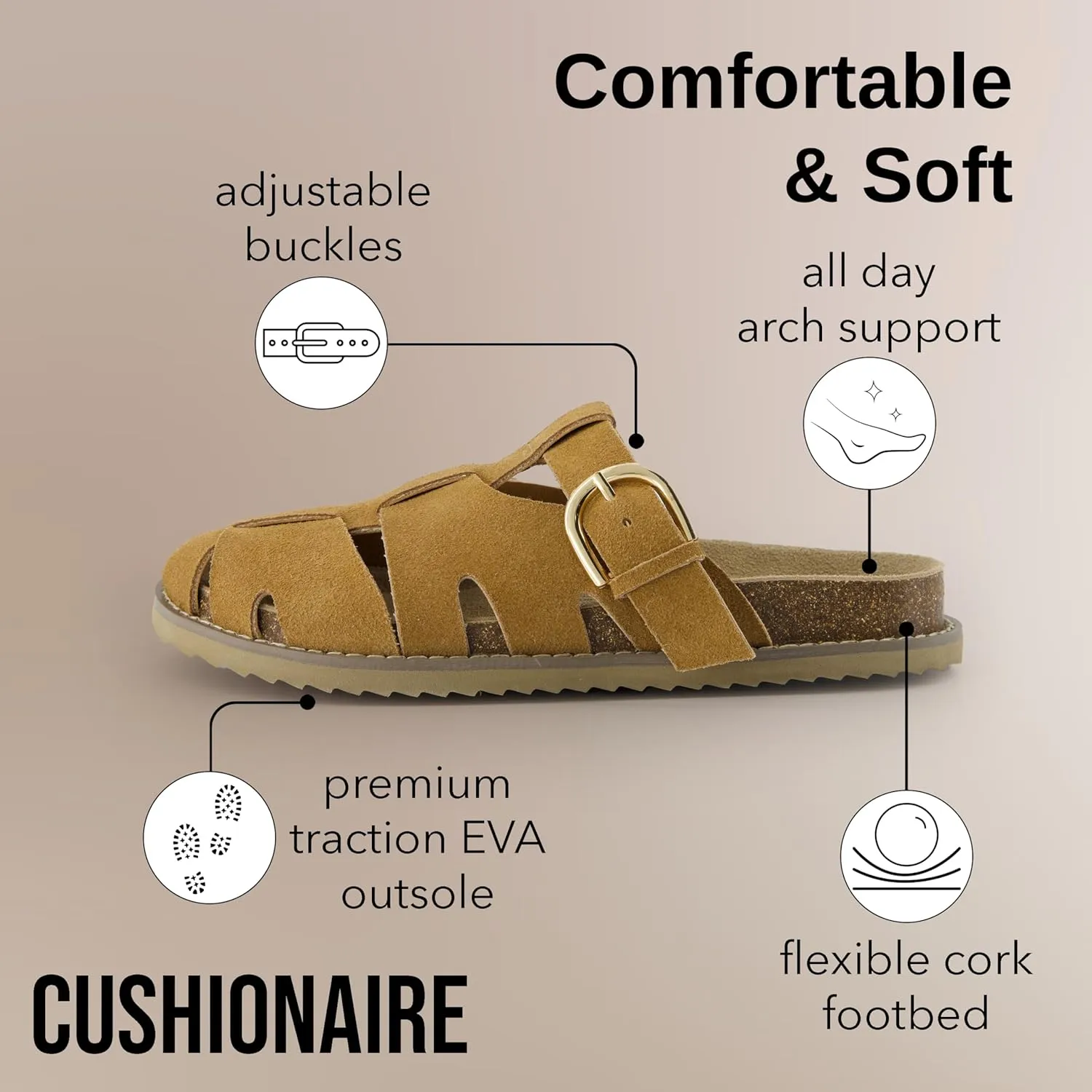 CUSHIONAIRE Benson Women’s Fisherman Clog – Suede Slip-On Sandal with Adjustable Buckle & Contoured Cork Footbed