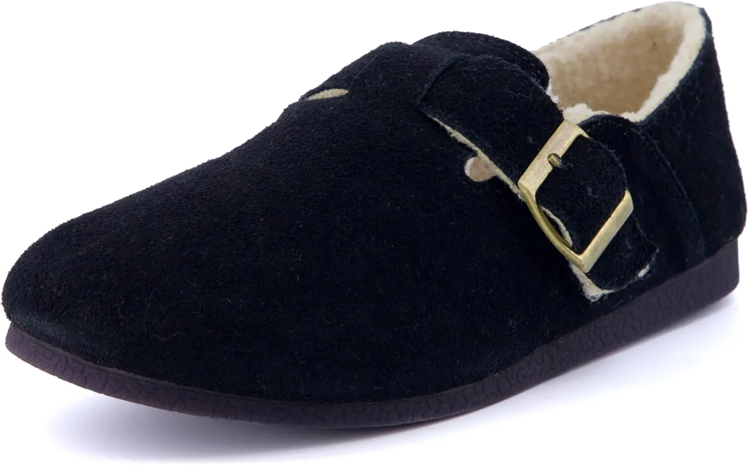 CUSHIONAIRE Women's Nest Genuine Suede Slip-On Shoe with Faux Shearling Lining & Memory Foam | Adjustable Buckle & Non-Slip Sole