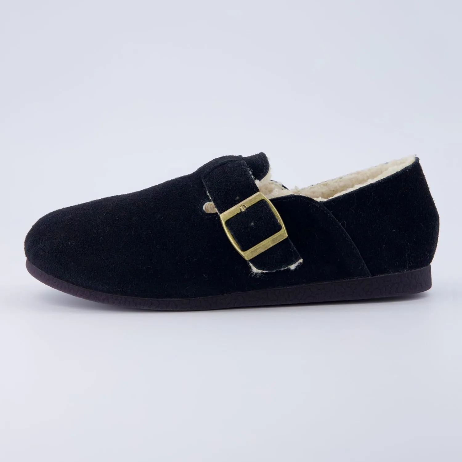CUSHIONAIRE Women's Nest Genuine Suede Slip-On Shoe with Faux Shearling Lining & Memory Foam | Adjustable Buckle & Non-Slip Sole