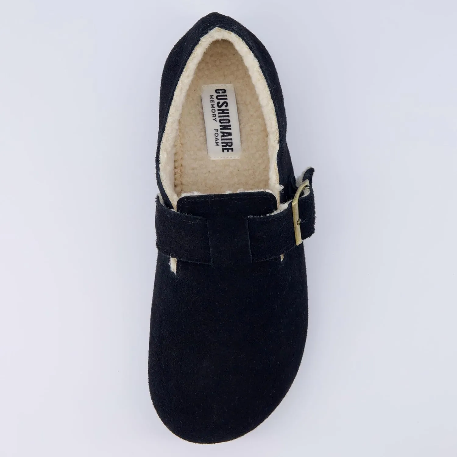 CUSHIONAIRE Women's Nest Genuine Suede Slip-On Shoe with Faux Shearling Lining & Memory Foam | Adjustable Buckle & Non-Slip Sole