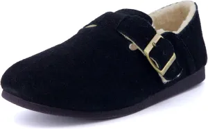 CUSHIONAIRE Women's Nest Genuine Suede Slip-On Shoe with Faux Shearling Lining & Memory Foam | Adjustable Buckle & Non-Slip Sole