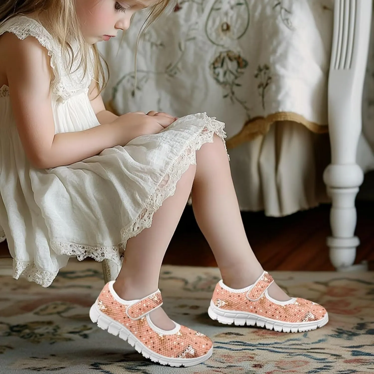 Cute Animals Print Girls Mary Jane Shoes Mesh School Sneaker Toddler Breathable Dress Shoes for Hiking Camping Travel