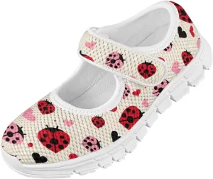 Cute Animals Print Girls Mary Jane Shoes Mesh School Sneaker Toddler Breathable Dress Shoes for Hiking Camping Travel