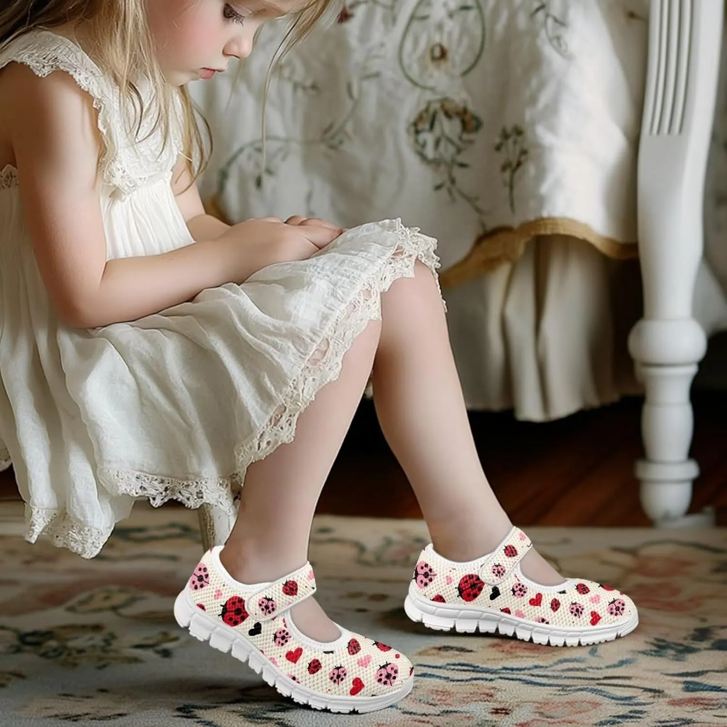 Cute Animals Print Girls Mary Jane Shoes Mesh School Sneaker Toddler Breathable Dress Shoes for Hiking Camping Travel