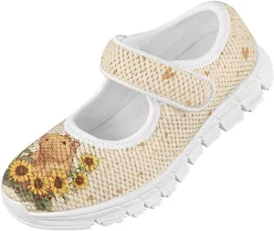 Cute Animals Print Girls Mary Jane Shoes Mesh School Sneaker Toddler Breathable Dress Shoes for Hiking Camping Travel