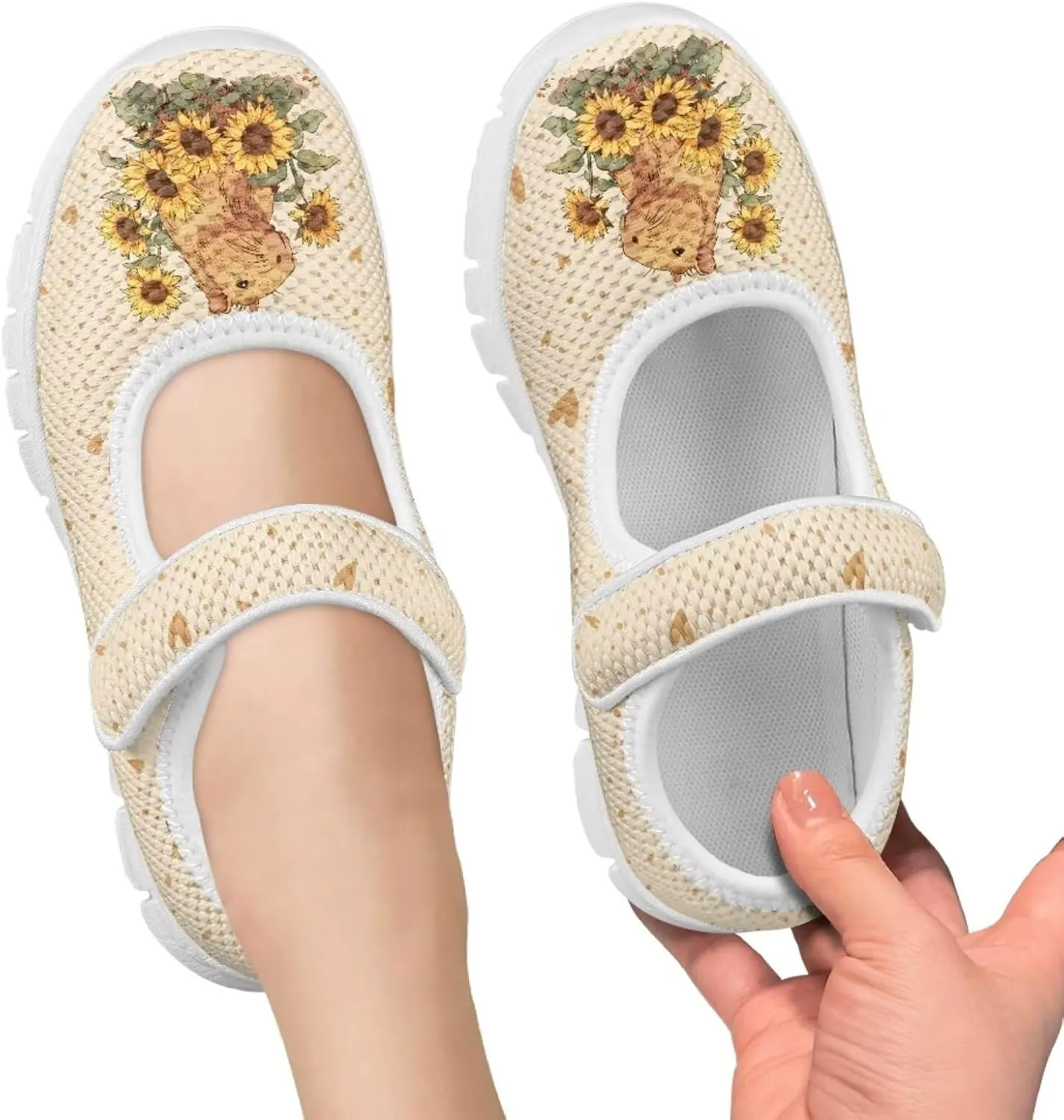 Cute Animals Print Girls Mary Jane Shoes Mesh School Sneaker Toddler Breathable Dress Shoes for Hiking Camping Travel